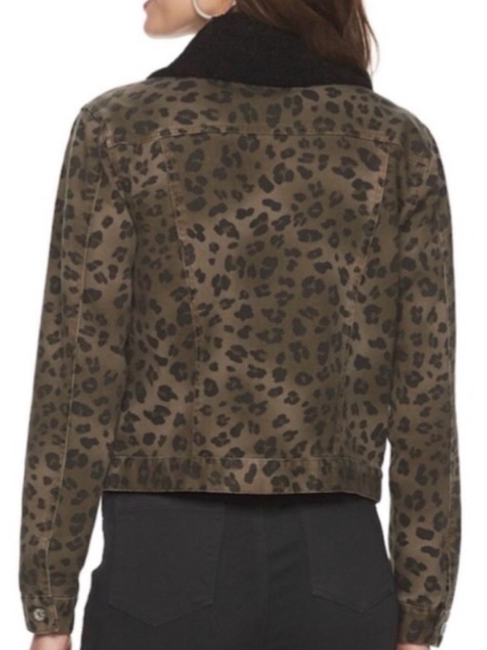 Rock & Republic Brown Leopard-Print Jean Jacket w Black Sherpa Collar, Sz XL - Picture 15 of 15